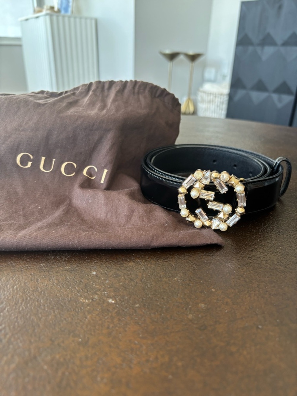 Authentic Gucci Black Leather Bijoux Faux Pearl Interlocking G Buckle